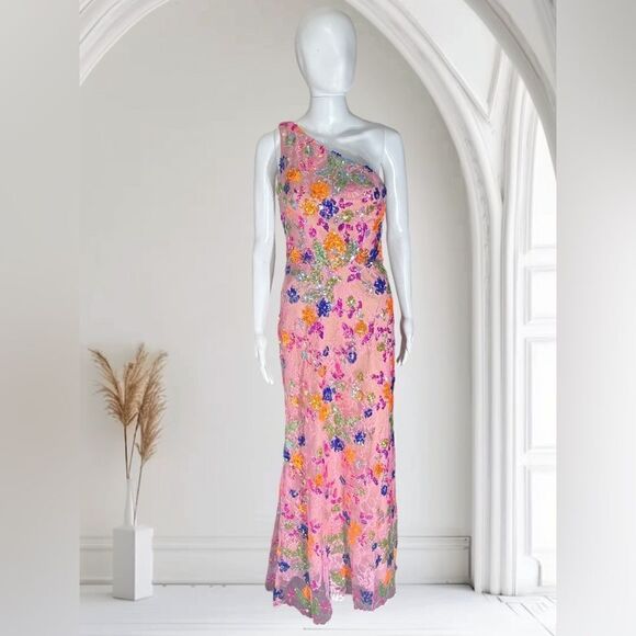Mac Duggal Couture Candy One Shoulder  Lace & Floral Sequin Gown Sz 2 - Picture 1 of 8